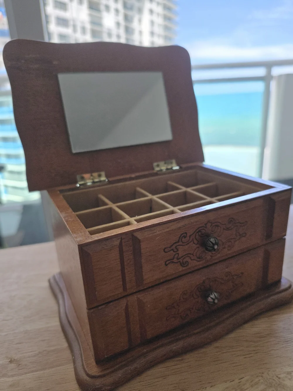 Vintage Brown Wooden Jewelry Organizer with Mirror